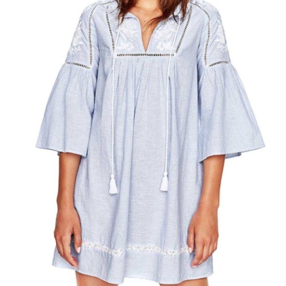 ZARA Trafaluc Collection Blue White Embroidered Tunic Dress Tassels Lace Size S